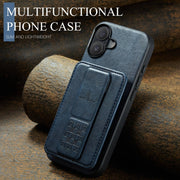 For iPhone 16 Fierre Shann Oil Wax Cow Leather Card Holder Back Phone Case(Blue)