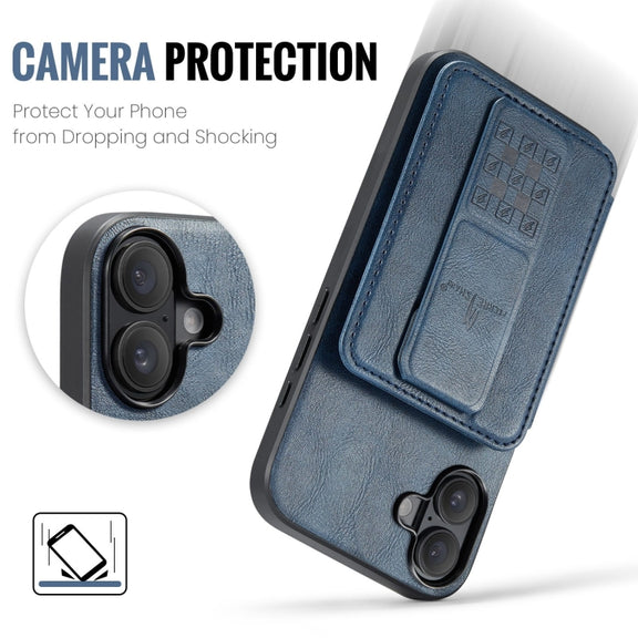 For iPhone 16 Fierre Shann Oil Wax Cow Leather Card Holder Back Phone Case(Blue)