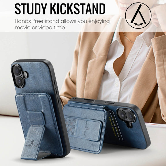 For iPhone 16 Fierre Shann Oil Wax Cow Leather Card Holder Back Phone Case(Blue)