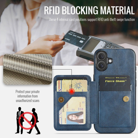 For iPhone 16 Fierre Shann Oil Wax Cow Leather Card Holder Back Phone Case(Blue)
