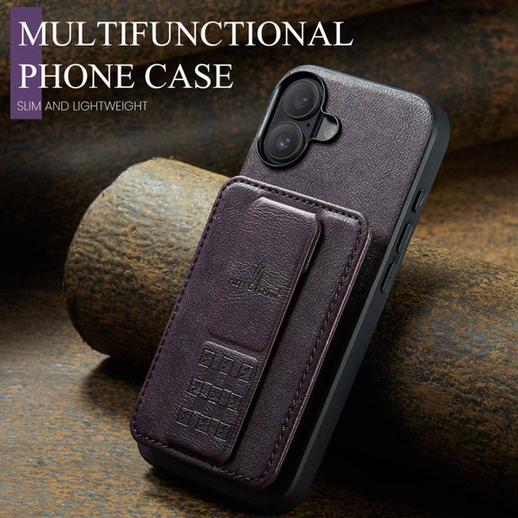 For iPhone 16 Fierre Shann Oil Wax Cow Leather Card Holder Back Phone Case(Purple)