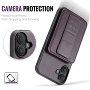 For iPhone 16 Fierre Shann Oil Wax Cow Leather Card Holder Back Phone Case(Purple)