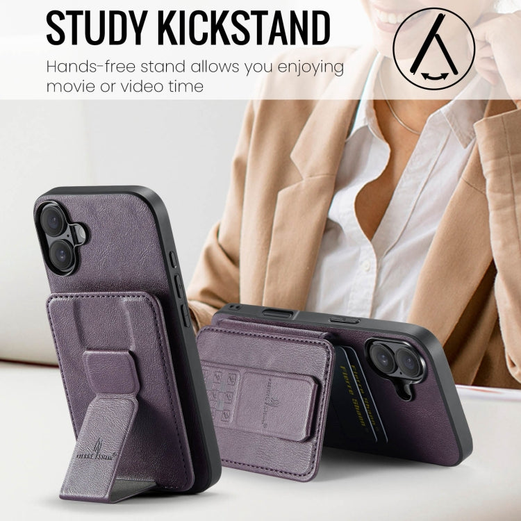 For iPhone 16 Fierre Shann Oil Wax Cow Leather Card Holder Back Phone Case(Purple)