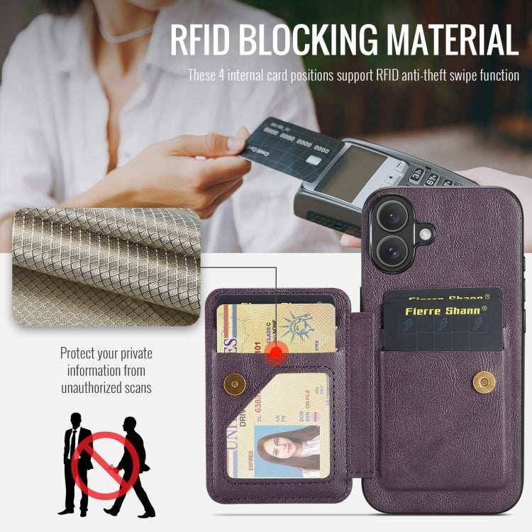 For iPhone 16 Fierre Shann Oil Wax Cow Leather Card Holder Back Phone Case(Purple)