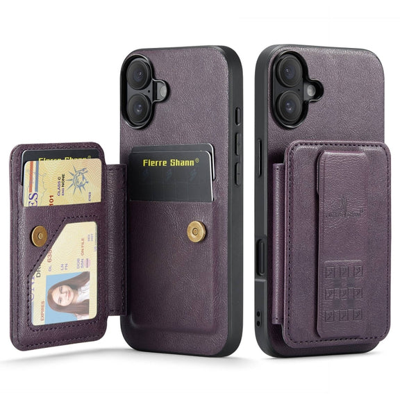 For iPhone 16 Fierre Shann Oil Wax Cow Leather Card Holder Back Phone Case(Purple)