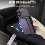 For iPhone 16 Fierre Shann Oil Wax Cow Leather Card Holder Back Phone Case(Purple)