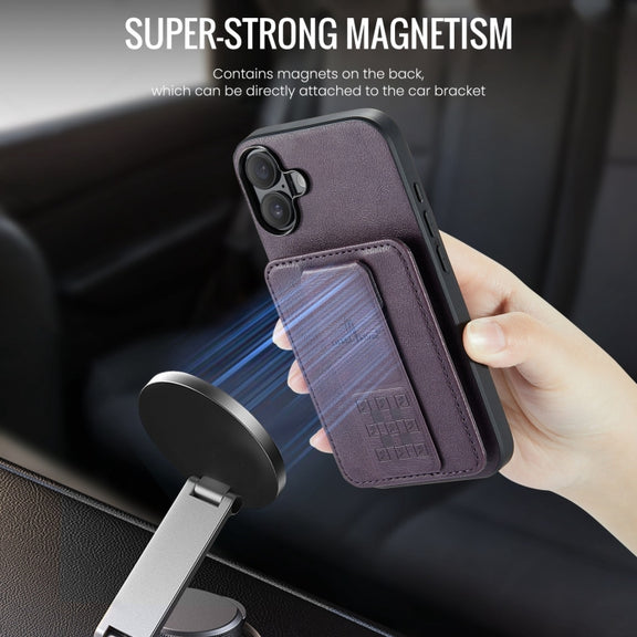 For iPhone 16 Fierre Shann Oil Wax Cow Leather Card Holder Back Phone Case(Purple)