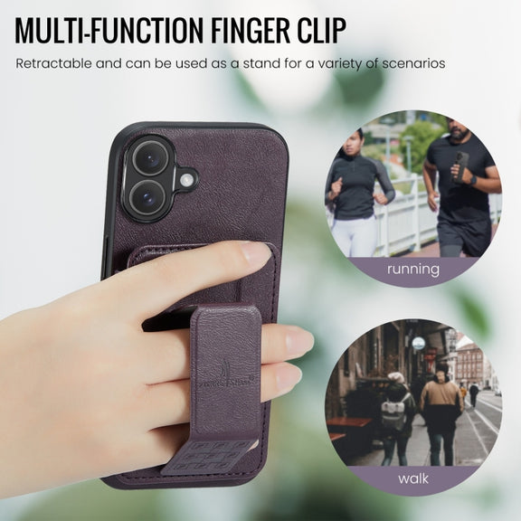 For iPhone 16 Fierre Shann Oil Wax Cow Leather Card Holder Back Phone Case(Purple)