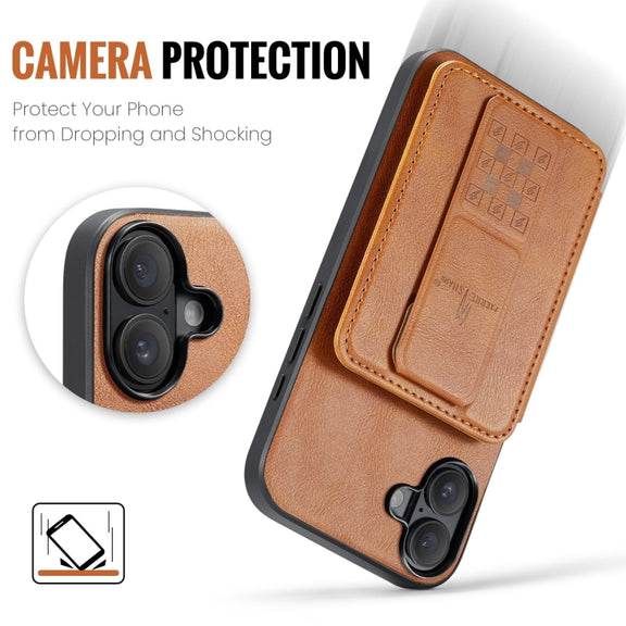 For iPhone 16 Fierre Shann Oil Wax Cow Leather Card Holder Back Phone Case(Brown)