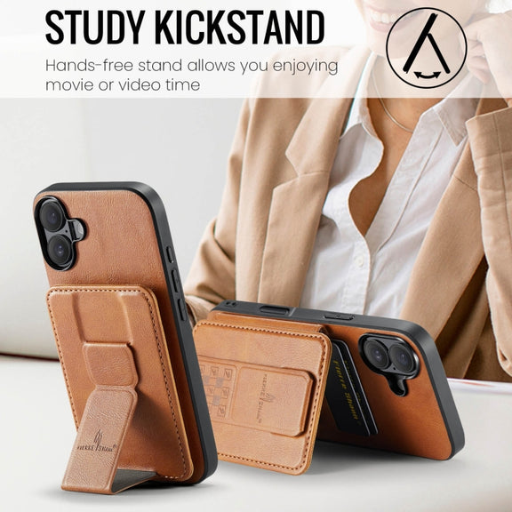 For iPhone 16 Fierre Shann Oil Wax Cow Leather Card Holder Back Phone Case(Brown)