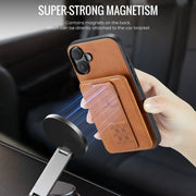 For iPhone 16 Fierre Shann Oil Wax Cow Leather Card Holder Back Phone Case(Brown)