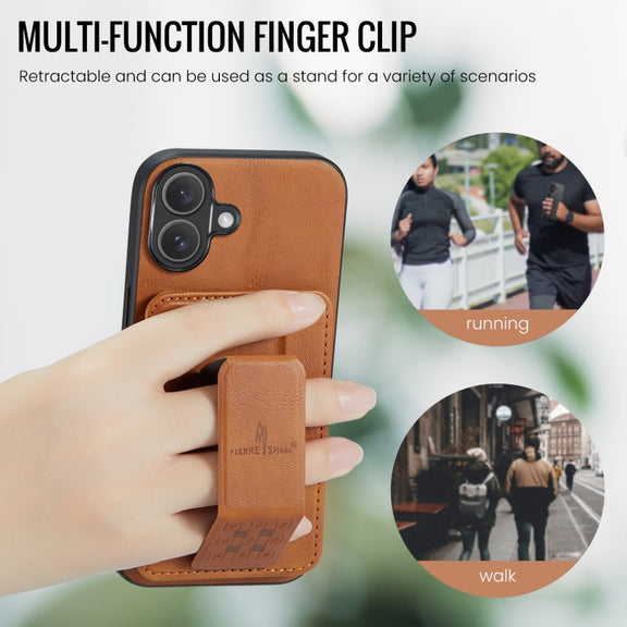 For iPhone 16 Fierre Shann Oil Wax Cow Leather Card Holder Back Phone Case(Brown)