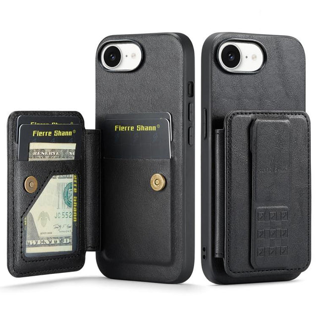For iPhone 16e Fierre Shann Oil Wax Cow Leather Card Holder Back Phone Case(Black)