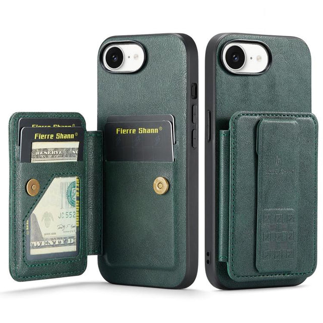 For iPhone 16e Fierre Shann Oil Wax Cow Leather Card Holder Back Phone Case(Green)