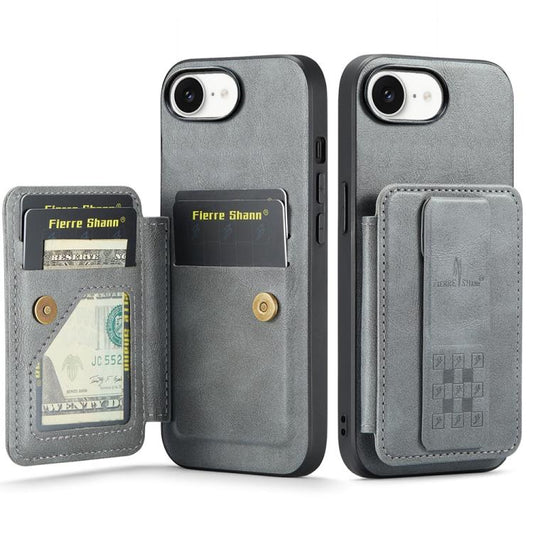 For iPhone 16e Fierre Shann Oil Wax Cow Leather Card Holder Back Phone Case(Grey) - free shipping - PMC Jewellery - Order now!
