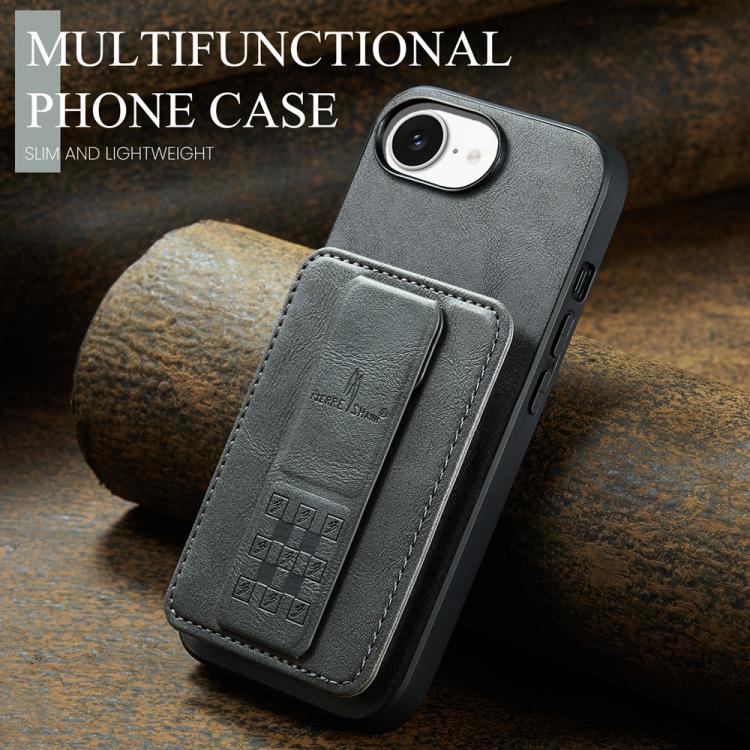 For iPhone 16e Fierre Shann Oil Wax Cow Leather Card Holder Back Phone Case(Grey) - free shipping - PMc TechLife - Order now!