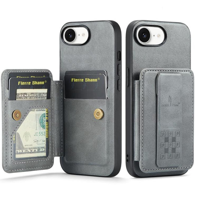 For iPhone 16e Fierre Shann Oil Wax Cow Leather Card Holder Back Phone Case(Grey)