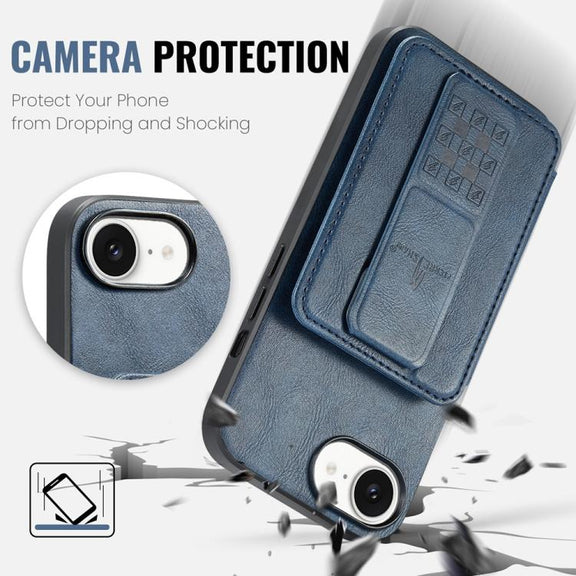 For iPhone 16e Fierre Shann Oil Wax Cow Leather Card Holder Back Phone Case(Blue)
