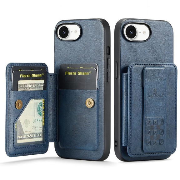 For iPhone 16e Fierre Shann Oil Wax Cow Leather Card Holder Back Phone Case(Blue)