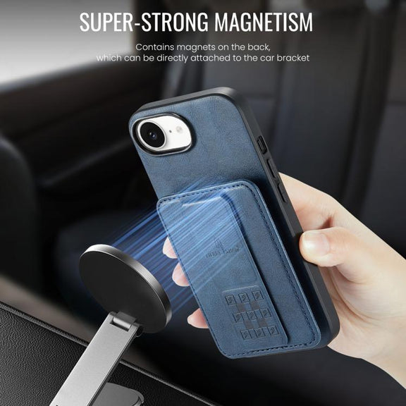 For iPhone 16e Fierre Shann Oil Wax Cow Leather Card Holder Back Phone Case(Blue)