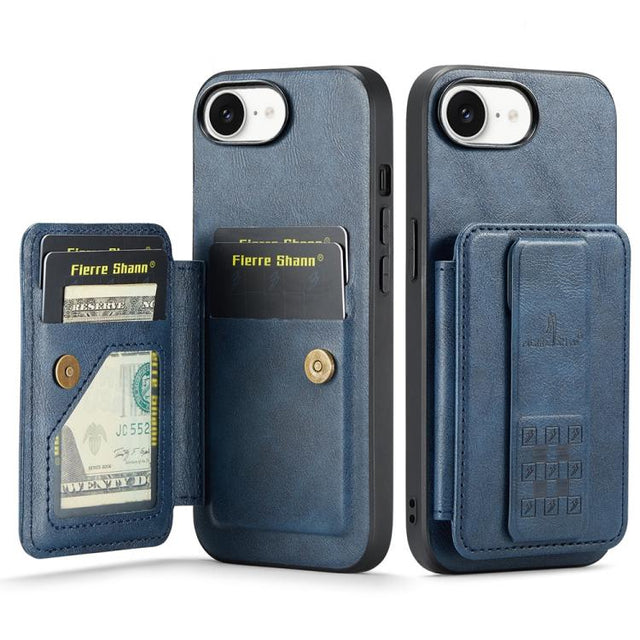 For iPhone 16e Fierre Shann Oil Wax Cow Leather Card Holder Back Phone Case(Blue)