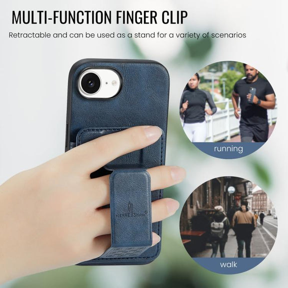 For iPhone 16e Fierre Shann Oil Wax Cow Leather Card Holder Back Phone Case(Blue)