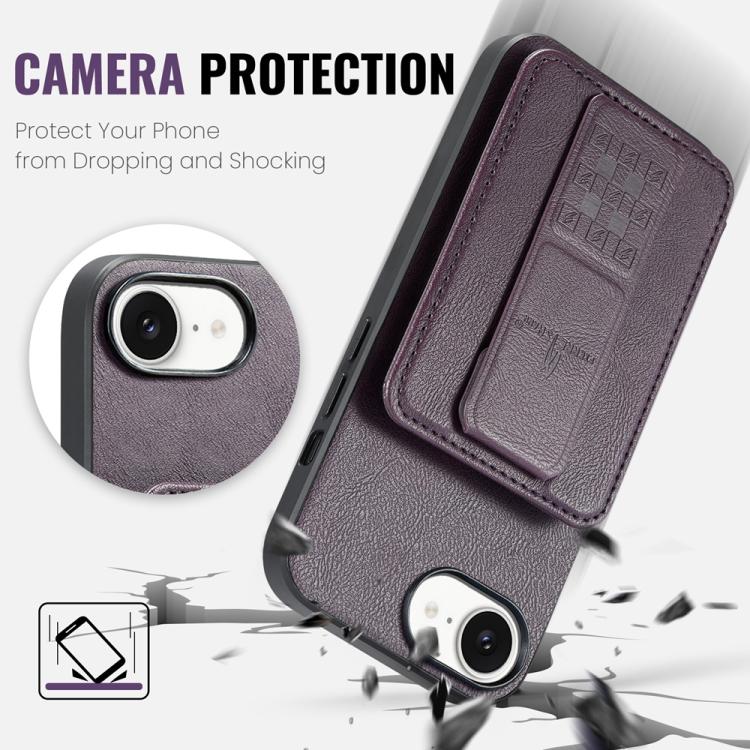 For iPhone 16e Fierre Shann Oil Wax Cow Leather Card Holder Back Phone Case(Purple)