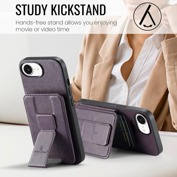 For iPhone 16e Fierre Shann Oil Wax Cow Leather Card Holder Back Phone Case(Purple)