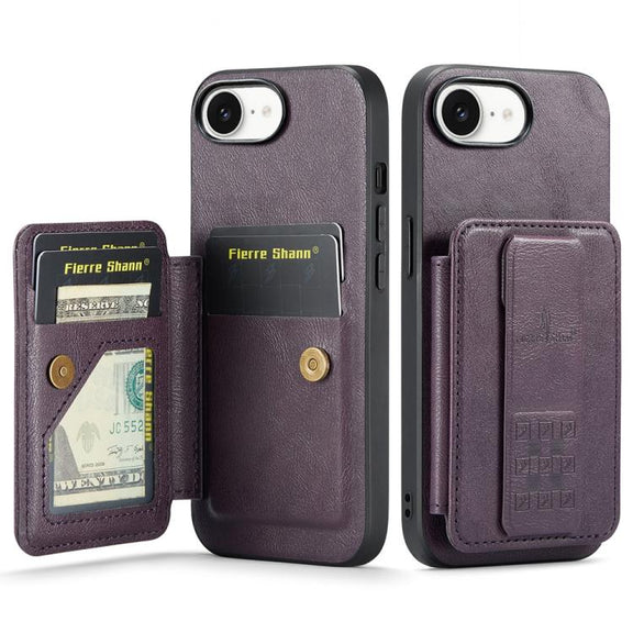 For iPhone 16e Fierre Shann Oil Wax Cow Leather Card Holder Back Phone Case(Purple)