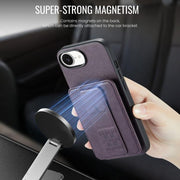 For iPhone 16e Fierre Shann Oil Wax Cow Leather Card Holder Back Phone Case(Purple)