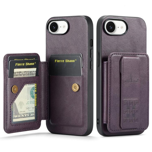 For iPhone 16e Fierre Shann Oil Wax Cow Leather Card Holder Back Phone Case(Purple)