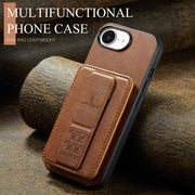 For iPhone 16e Fierre Shann Oil Wax Cow Leather Card Holder Back Phone Case(Brown)