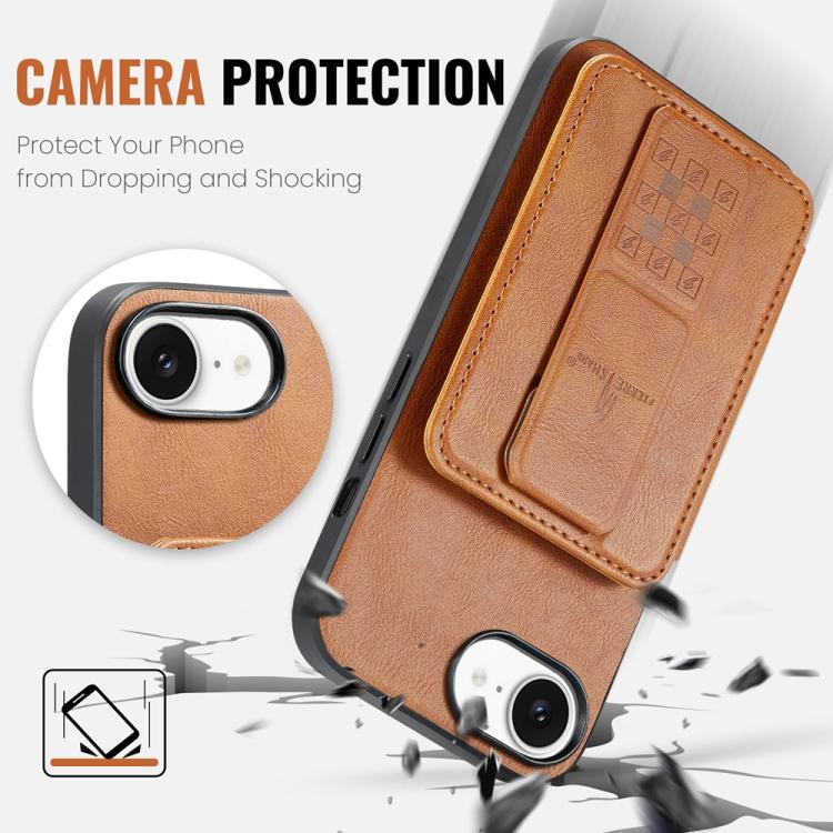 For iPhone 16e Fierre Shann Oil Wax Cow Leather Card Holder Back Phone Case(Brown)