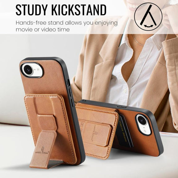 For iPhone 16e Fierre Shann Oil Wax Cow Leather Card Holder Back Phone Case(Brown)
