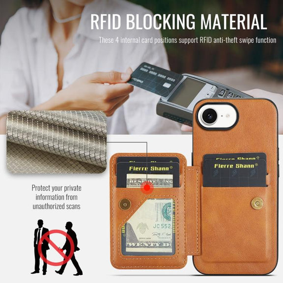 For iPhone 16e Fierre Shann Oil Wax Cow Leather Card Holder Back Phone Case(Brown)