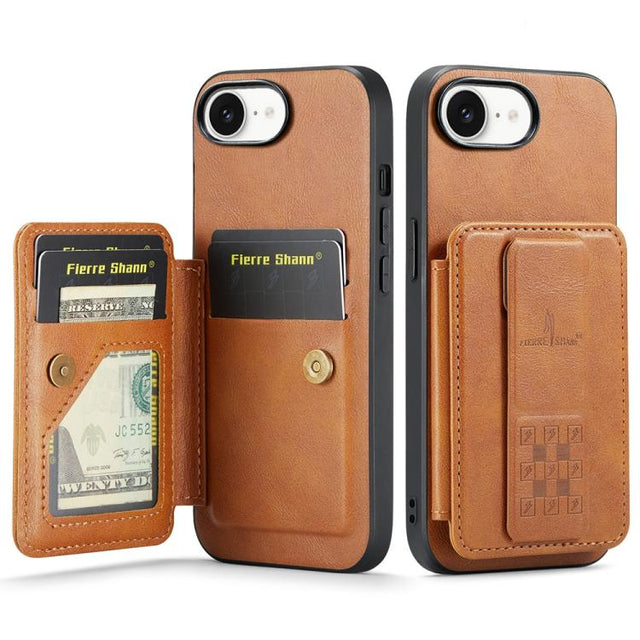 For iPhone 16e Fierre Shann Oil Wax Cow Leather Card Holder Back Phone Case(Brown)