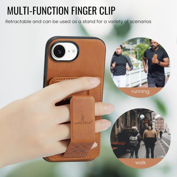 For iPhone 16e Fierre Shann Oil Wax Cow Leather Card Holder Back Phone Case(Brown)