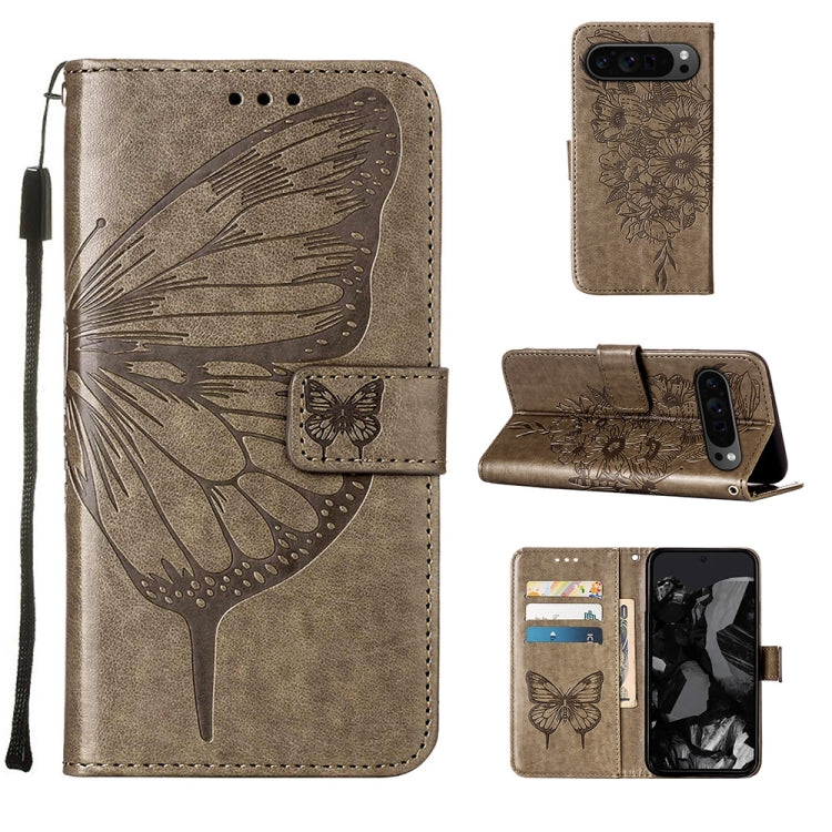 For Google Pixel 9 Pro Embossed Butterfly Leather Phone Case(Grey) - Google Cases by PMC TechLife | Online Shopping South Africa | PMC TechLife | Buy Now Pay Later Mobicred