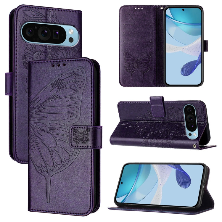 For Google Pixel 9 Pro XL Embossed Butterfly Leather Phone Case(Dark Purple) - Google Cases by PMC TechLife | Online Shopping South Africa | PMC TechLife | Buy Now Pay Later Mobicred