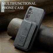 For Samsung Galaxy S24+ 5G Fierre Shann Oil Wax Cow Leather Card Holder Back Phone Case(Grey)