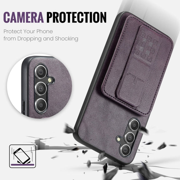 For Samsung Galaxy S24+ 5G Fierre Shann Oil Wax Cow Leather Card Holder Back Phone Case(Purple)