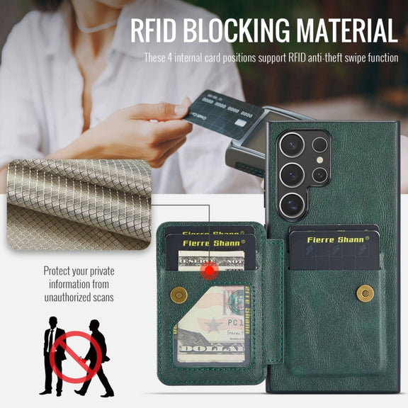 For Samsung Galaxy S24 Ultra 5G Fierre Shann Oil Wax Cow Leather Card Holder Back Phone Case(Green)