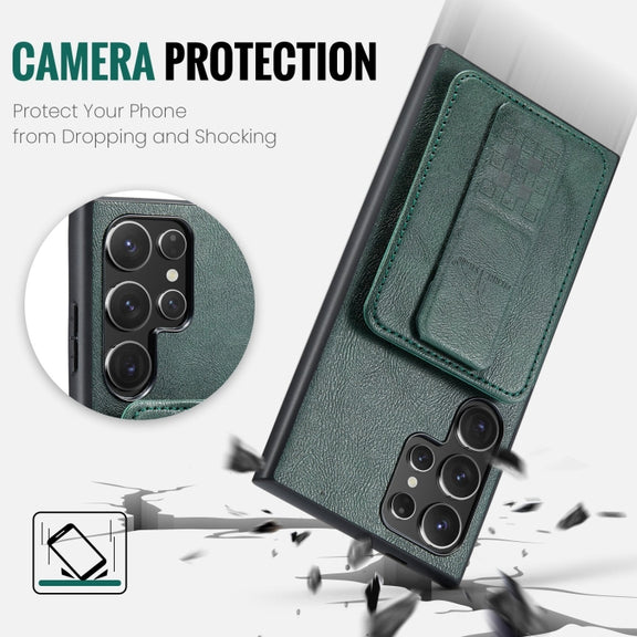 For Samsung Galaxy S24 Ultra 5G Fierre Shann Oil Wax Cow Leather Card Holder Back Phone Case(Green)