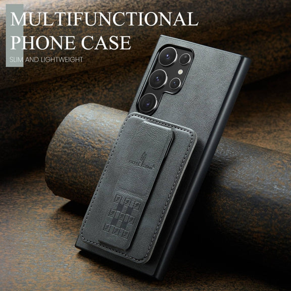For Samsung Galaxy S24 Ultra 5G Fierre Shann Oil Wax Cow Leather Card Holder Back Phone Case(Grey)