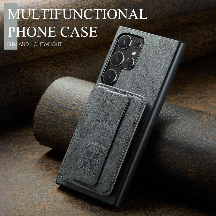 For Samsung Galaxy S24 Ultra 5G Fierre Shann Oil Wax Cow Leather Card Holder Back Phone Case(Grey)