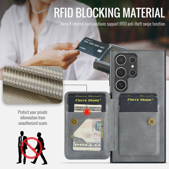 For Samsung Galaxy S24 Ultra 5G Fierre Shann Oil Wax Cow Leather Card Holder Back Phone Case(Grey)