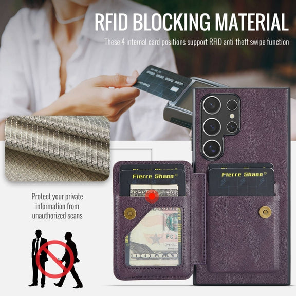 For Samsung Galaxy S24 Ultra 5G Fierre Shann Oil Wax Cow Leather Card Holder Back Phone Case(Purple)