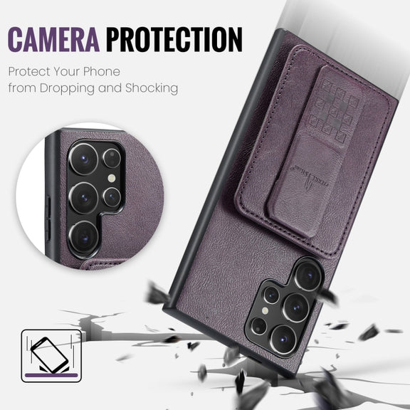 For Samsung Galaxy S24 Ultra 5G Fierre Shann Oil Wax Cow Leather Card Holder Back Phone Case(Purple)