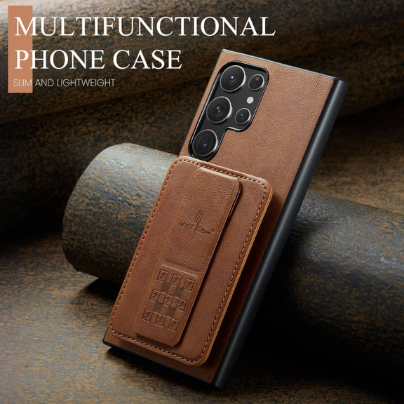 For Samsung Galaxy S24 Ultra 5G Fierre Shann Oil Wax Cow Leather Card Holder Back Phone Case(Brown)