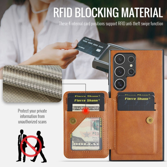 For Samsung Galaxy S24 Ultra 5G Fierre Shann Oil Wax Cow Leather Card Holder Back Phone Case(Brown)